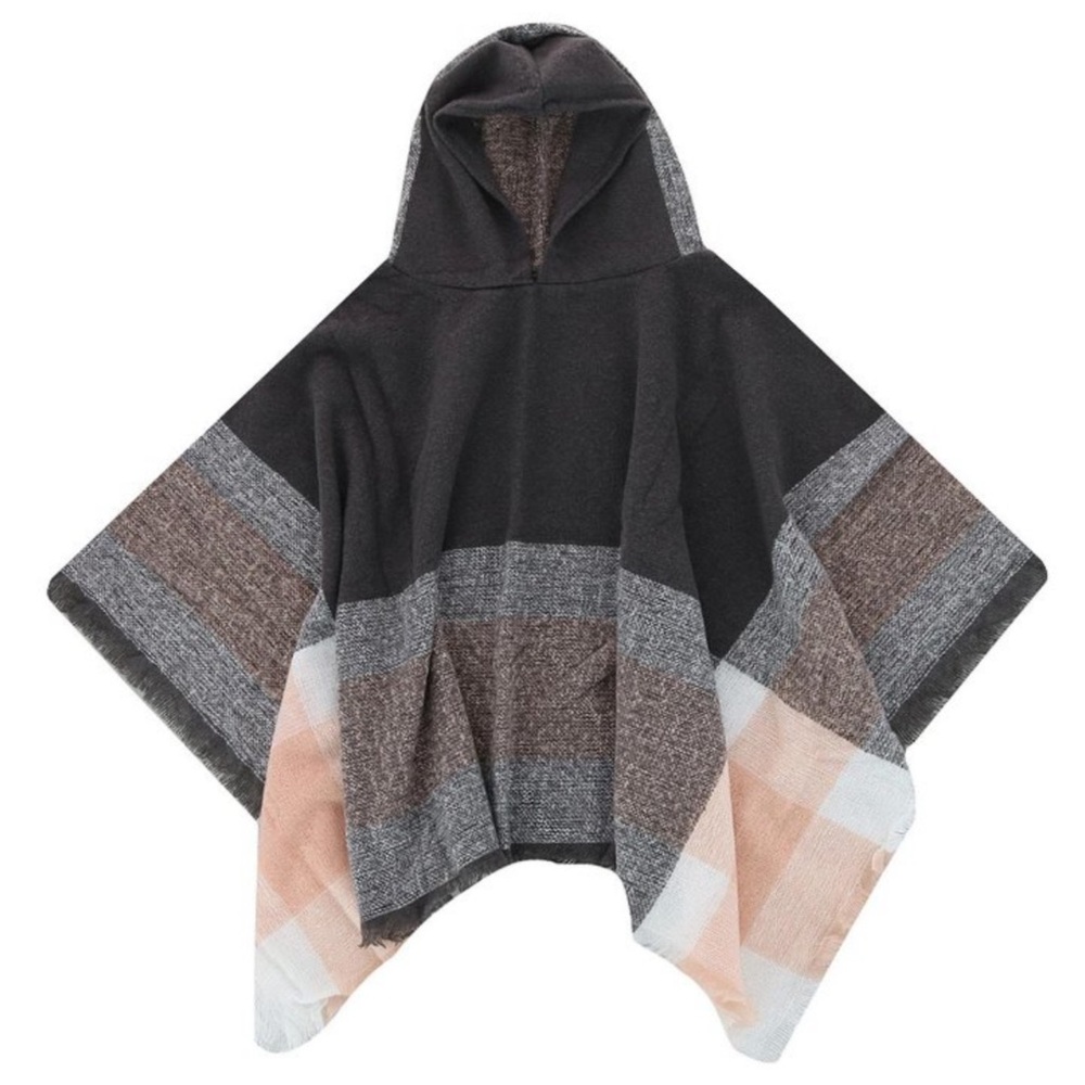 NEW Gold Metal Plaid Hooded Knit Fringe Trim Poncho